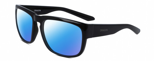 Profile View of Dragon Alliance RUNE-001 Designer Polarized Sunglasses with Custom Cut Blue Mirror Lenses in Gloss Black Unisex Square Full Rim Acetate 58 mm