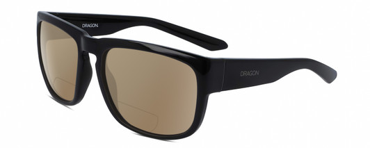 Profile View of Dragon Alliance RUNE-001 Designer Polarized Reading Sunglasses with Custom Cut Powered Amber Brown Lenses in Gloss Black Unisex Square Full Rim Acetate 58 mm