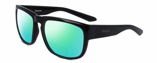 Profile View of Dragon Alliance RUNE-001 Designer Polarized Reading Sunglasses with Custom Cut Powered Green Mirror Lenses in Gloss Black Unisex Square Full Rim Acetate 58 mm