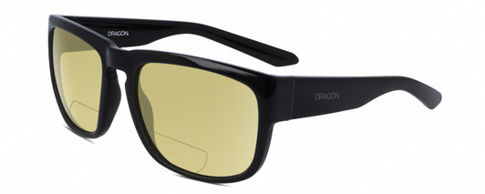 Profile View of Dragon Alliance RUNE-001 Designer Polarized Reading Sunglasses with Custom Cut Powered Sun Flower Yellow Lenses in Gloss Black Unisex Square Full Rim Acetate 58 mm