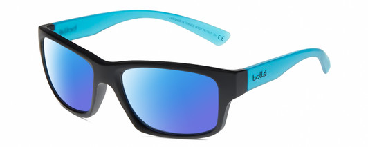 Profile View of Bolle HOLMAN Designer Polarized Sunglasses with Custom Cut Blue Mirror Lenses in Matte Black Sapphire Blue Crystal Unisex Rectangular Full Rim Acetate 58 mm
