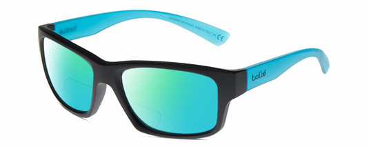 Profile View of Bolle HOLMAN Designer Polarized Reading Sunglasses with Custom Cut Powered Green Mirror Lenses in Matte Black Sapphire Blue Crystal Unisex Rectangular Full Rim Acetate 58 mm