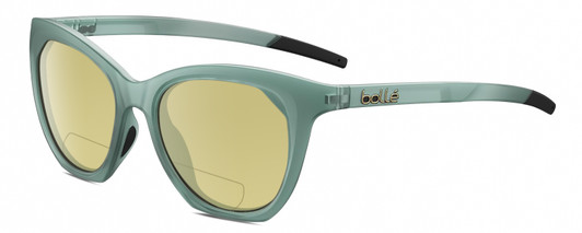 Profile View of Bolle PRIZE Designer Polarized Reading Sunglasses with Custom Cut Powered Sun Flower Yellow Lenses in Matte Frost Green Grey Crystal Ladies Cat Eye Full Rim Acetate 51 mm