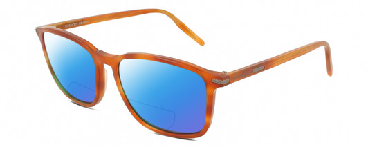Profile View of Serengeti LENWOOD Designer Polarized Reading Sunglasses with Custom Cut Powered Blue Mirror Lenses in Shiny Caramel Brown Crystal Unisex Square Full Rim Acetate 57 mm