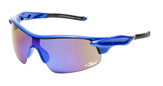 Profile View of Calabria Rally Unisex Men Womens POLARIZED Pickleball Sunglasses Glasses Eyewear in Metallic Cobalt Blue Black Frame with Blue Mirror Lens