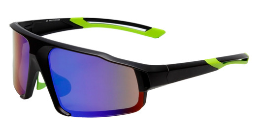 Profile View of Calabria Cross-Court Unisex Mens Womens Pickleball Sunglasses Protective Glasses in Matte Black Lime Green Frame with Green Mirror Lens