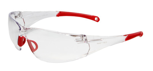 Profile View of Calabria Side Out Clear Crystal Red Sport Mens Women's Pickleball Safety Glasses in Clear Crystal Red Frame with Clear Lens