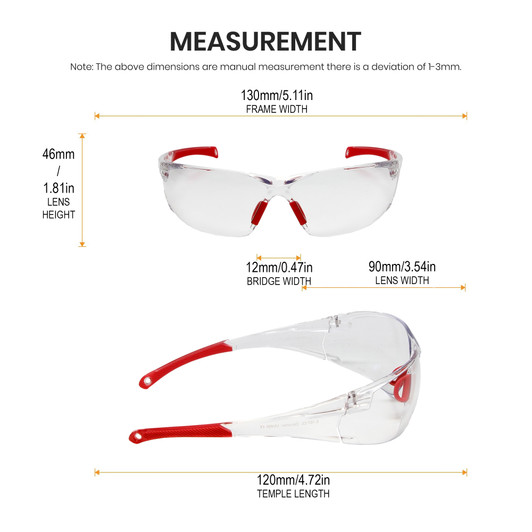 Sizing Illustration of Calabria Side Out Clear Crystal Red Sport Mens Women's Pickleball Safety Glasses