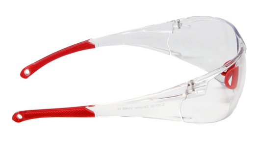 Side View of Calabria Side Out Clear Crystal Red Sport Mens Women's Pickleball Safety Glasses in Clear Crystal Red Frame with Clear Lens