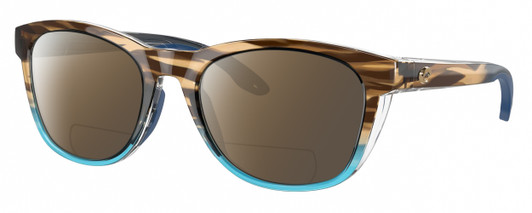 Profile View of Costa Del Mar Aleta Designer Polarized Reading Sunglasses with Custom Cut Powered Amber Brown Lenses in Wahoo Brown Crystal Blue Ladies Panthos Full Rim Acetate 54 mm