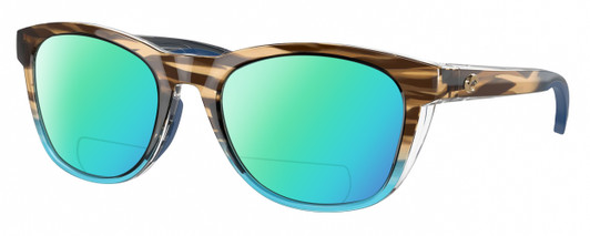 Profile View of Costa Del Mar Aleta Designer Polarized Reading Sunglasses with Custom Cut Powered Green Mirror Lenses in Wahoo Brown Crystal Blue Ladies Panthos Full Rim Acetate 54 mm