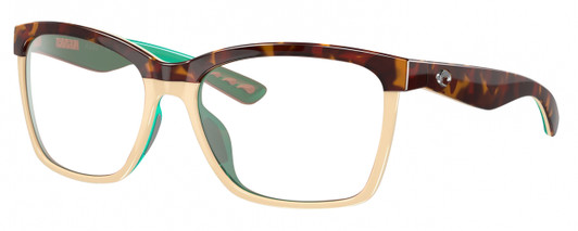 Profile View of Costa Del Mar Anaa Designer Blue Light Blocking Eyeglasses in Shiny Retro Tortoise Havana Cream Mint Blue Ladies Panthos Full Rim Acetate 55 mm