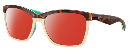 Profile View of Costa Del Mar Anaa Designer Polarized Sunglasses with Custom Cut Red Mirror Lenses in Shiny Retro Tortoise Havana Cream Mint Blue Ladies Panthos Full Rim Acetate 55 mm