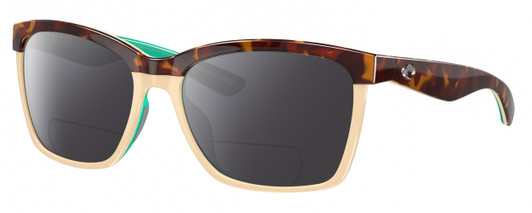 Profile View of Costa Del Mar Anaa Designer Polarized Reading Sunglasses with Custom Cut Powered Smoke Grey Lenses in Shiny Retro Tortoise Havana Cream Mint Blue Ladies Panthos Full Rim Acetate 55 mm