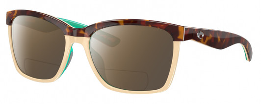 Profile View of Costa Del Mar Anaa Designer Polarized Reading Sunglasses with Custom Cut Powered Amber Brown Lenses in Shiny Retro Tortoise Havana Cream Mint Blue Ladies Panthos Full Rim Acetate 55 mm