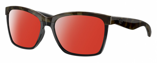 Profile View of Costa Del Mar Anaa Designer Polarized Sunglasses with Custom Cut Red Mirror Lenses in Shiny Olive Green Tortoise Havana Black Ladies Panthos Full Rim Acetate 55 mm