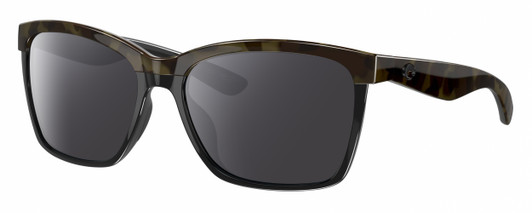 Profile View of Costa Del Mar Anaa Designer Polarized Sunglasses with Custom Cut Smoke Grey Lenses in Shiny Olive Green Tortoise Havana Black Ladies Panthos Full Rim Acetate 55 mm