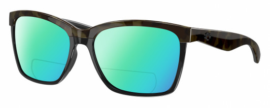 Profile View of Costa Del Mar Anaa Designer Polarized Reading Sunglasses with Custom Cut Powered Green Mirror Lenses in Shiny Olive Green Tortoise Havana Black Ladies Panthos Full Rim Acetate 55 mm