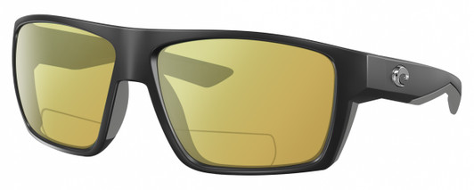 Profile View of Costa Del Mar Bloke Designer Polarized Reading Sunglasses with Custom Cut Powered Sun Flower Yellow Lenses in Matte Black Gray Unisex Rectangular Full Rim Acetate 61 mm