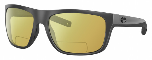 Profile View of Costa Del Mar Broadbill Designer Polarized Reading Sunglasses with Custom Cut Powered Sun Flower Yellow Lenses in Matte Gray Black Unisex Square Full Rim Acetate 61 mm