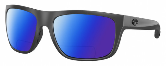 Profile View of Costa Del Mar Broadbill Designer Polarized Reading Sunglasses with Custom Cut Powered Blue Mirror Lenses in Matte Gray Black Unisex Square Full Rim Acetate 61 mm