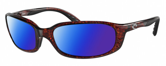 Profile View of Costa Del Mar Brine Designer Polarized Sunglasses with Custom Cut Blue Mirror Lenses in Brown Tortoise Havana Black Unisex Oval Full Rim Acetate 59 mm