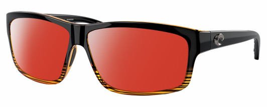 Profile View of Costa Del Mar Cut Designer Polarized Sunglasses with Custom Cut Red Mirror Lenses in Gloss Black Orange Crystal Brown Stripes Coconut Fade Unisex Rectangular Full Rim Acetate 60 mm