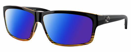 Profile View of Costa Del Mar Cut Designer Polarized Sunglasses with Custom Cut Blue Mirror Lenses in Gloss Black Orange Crystal Brown Stripes Coconut Fade Unisex Rectangular Full Rim Acetate 60 mm