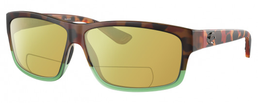Profile View of Costa Del Mar Cut Designer Polarized Reading Sunglasses with Custom Cut Powered Sun Flower Yellow Lenses in Matte Brown Tortoise Havana Green Tortuga Fade Unisex Rectangular Full Rim Acetate 60 mm
