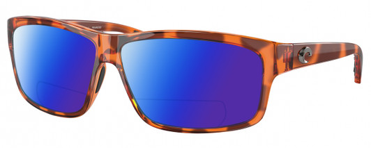 Profile View of Costa Del Mar Cut Designer Polarized Reading Sunglasses with Custom Cut Powered Blue Mirror Lenses in Honey Amber Red Tortoise Havana Crystal Unisex Rectangular Full Rim Acetate 60 mm