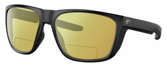 Profile View of Costa Del Mar Ferg Designer Polarized Reading Sunglasses with Custom Cut Powered Sun Flower Yellow Lenses in Matte Black Unisex Panthos Full Rim Acetate 59 mm