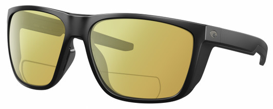 Profile View of Costa Del Mar Ferg XL Designer Polarized Reading Sunglasses with Custom Cut Powered Sun Flower Yellow Lenses in Matte Black Unisex Panthos Full Rim Acetate 62 mm