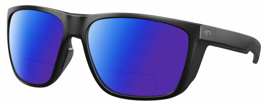 Profile View of Costa Del Mar Ferg XL Designer Polarized Reading Sunglasses with Custom Cut Powered Blue Mirror Lenses in Matte Black Unisex Panthos Full Rim Acetate 62 mm
