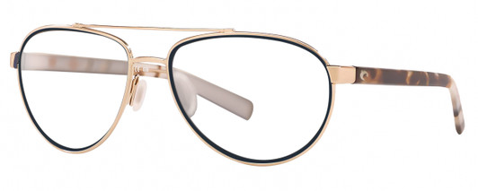 Profile View of Costa Del Mar Fernandina Designer Blue Light Blocking Eyeglasses in Brushed Gold Brown Tortoise Havana Ladies Pilot Full Rim Metal 57 mm