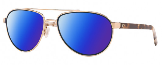 Profile View of Costa Del Mar Fernandina Designer Polarized Sunglasses with Custom Cut Blue Mirror Lenses in Brushed Gold Brown Tortoise Havana Ladies Pilot Full Rim Metal 57 mm