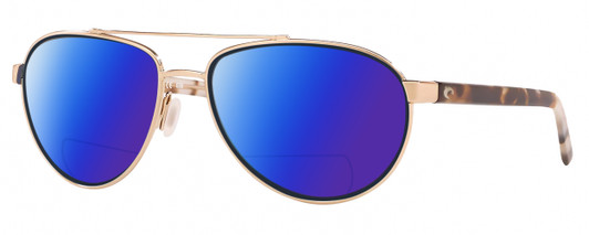 Profile View of Costa Del Mar Fernandina Designer Polarized Reading Sunglasses with Custom Cut Powered Blue Mirror Lenses in Brushed Gold Brown Tortoise Havana Ladies Pilot Full Rim Metal 57 mm