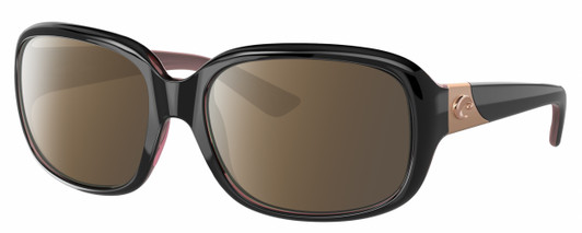 Profile View of Costa Del Mar Gannet Designer Polarized Sunglasses with Custom Cut Amber Brown Lenses in Shiny Black Rose Gold Hibiscus Pink Ladies Square Full Rim Acetate 58 mm