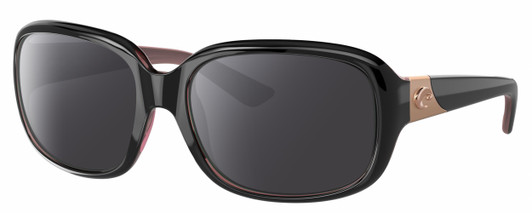 Profile View of Costa Del Mar Gannet Designer Polarized Sunglasses with Custom Cut Smoke Grey Lenses in Shiny Black Rose Gold Hibiscus Pink Ladies Square Full Rim Acetate 58 mm