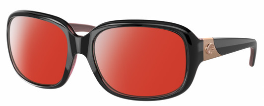 Profile View of Costa Del Mar Gannet Designer Polarized Sunglasses with Custom Cut Red Mirror Lenses in Shiny Black Rose Gold Hibiscus Pink Ladies Square Full Rim Acetate 58 mm