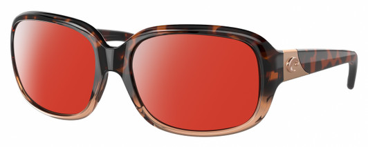 Profile View of Costa Del Mar Gannet Designer Polarized Sunglasses with Custom Cut Red Mirror Lenses in Shiny Tortoise Havana Fade Pink Crystal Rose Gold Ladies Square Full Rim Acetate 58 mm