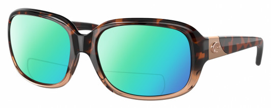 Profile View of Costa Del Mar Gannet Designer Polarized Reading Sunglasses with Custom Cut Powered Green Mirror Lenses in Shiny Tortoise Havana Fade Pink Crystal Rose Gold Ladies Square Full Rim Acetate 58 mm