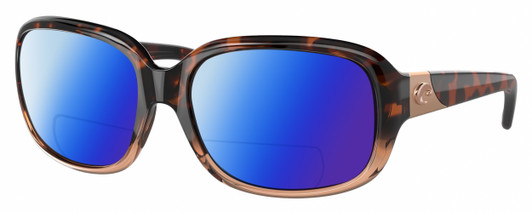 Profile View of Costa Del Mar Gannet Designer Polarized Reading Sunglasses with Custom Cut Powered Blue Mirror Lenses in Shiny Tortoise Havana Fade Pink Crystal Rose Gold Ladies Square Full Rim Acetate 58 mm