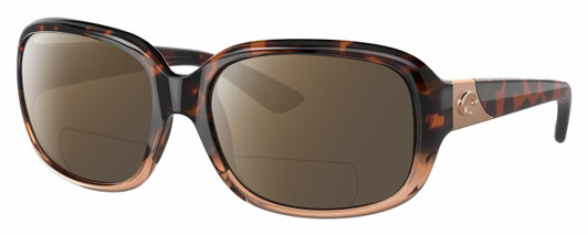 Profile View of Costa Del Mar Gannet Designer Polarized Reading Sunglasses with Custom Cut Powered Amber Brown Lenses in Shiny Tortoise Havana Fade Pink Crystal Rose Gold Ladies Square Full Rim Acetate 58 mm