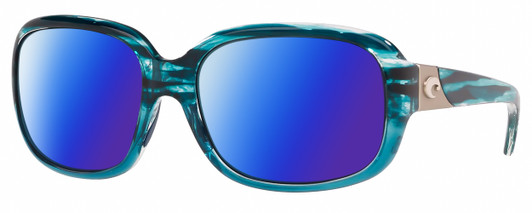 Profile View of Costa Del Mar Gannet Designer Polarized Sunglasses with Custom Cut Blue Mirror Lenses in Shiny Marine Blue Clear Crystal Fade Silver Ladies Square Full Rim Acetate 58 mm