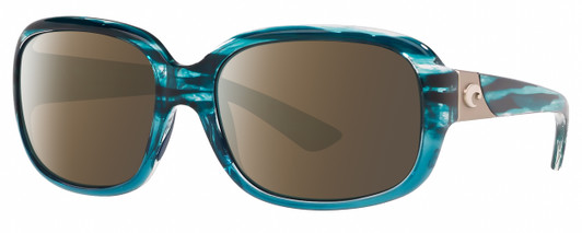 Profile View of Costa Del Mar Gannet Designer Polarized Sunglasses with Custom Cut Amber Brown Lenses in Shiny Marine Blue Clear Crystal Fade Silver Ladies Square Full Rim Acetate 58 mm
