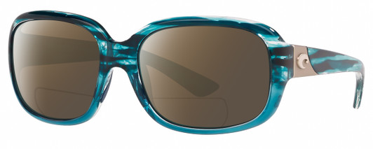 Profile View of Costa Del Mar Gannet Designer Polarized Reading Sunglasses with Custom Cut Powered Amber Brown Lenses in Shiny Marine Blue Clear Crystal Fade Silver Ladies Square Full Rim Acetate 58 mm