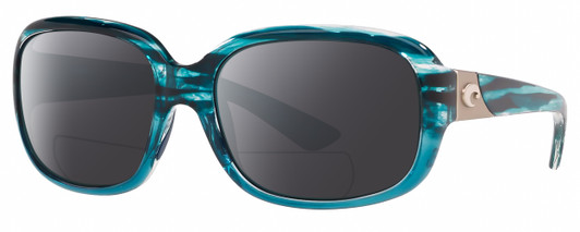 Profile View of Costa Del Mar Gannet Designer Polarized Reading Sunglasses with Custom Cut Powered Smoke Grey Lenses in Shiny Marine Blue Clear Crystal Fade Silver Ladies Square Full Rim Acetate 58 mm