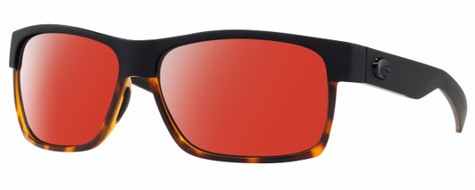 Profile View of Costa Del Mar Half Moon Designer Polarized Sunglasses with Custom Cut Red Mirror Lenses in Matte Black Shiny Tortoise Havana Unisex Rectangular Full Rim Acetate 60 mm
