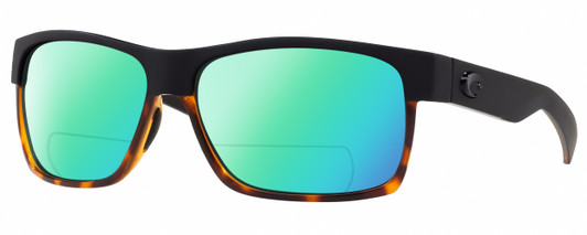 Profile View of Costa Del Mar Half Moon Designer Polarized Reading Sunglasses with Custom Cut Powered Green Mirror Lenses in Matte Black Shiny Tortoise Havana Unisex Rectangular Full Rim Acetate 60 mm