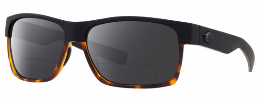 Profile View of Costa Del Mar Half Moon Designer Polarized Reading Sunglasses with Custom Cut Powered Smoke Grey Lenses in Matte Black Shiny Tortoise Havana Unisex Rectangular Full Rim Acetate 60 mm